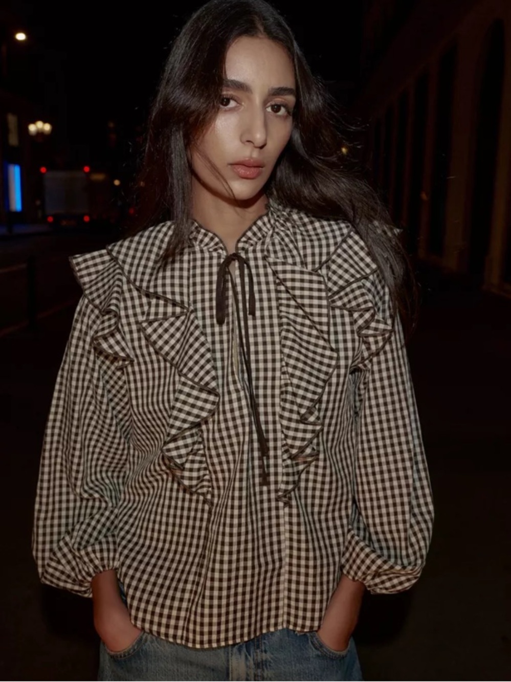 Zara Brown White Gingham Ruffle Shirt Top Sz S